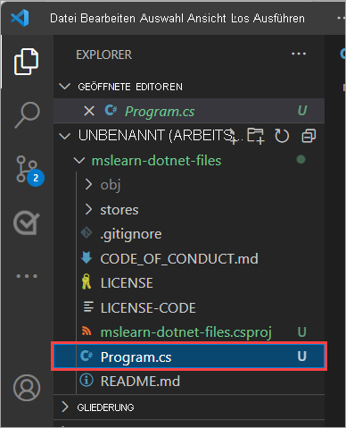 Screenshot: Fenster „EXPLORER“ mit hervorgehobener Datei „program.cs“