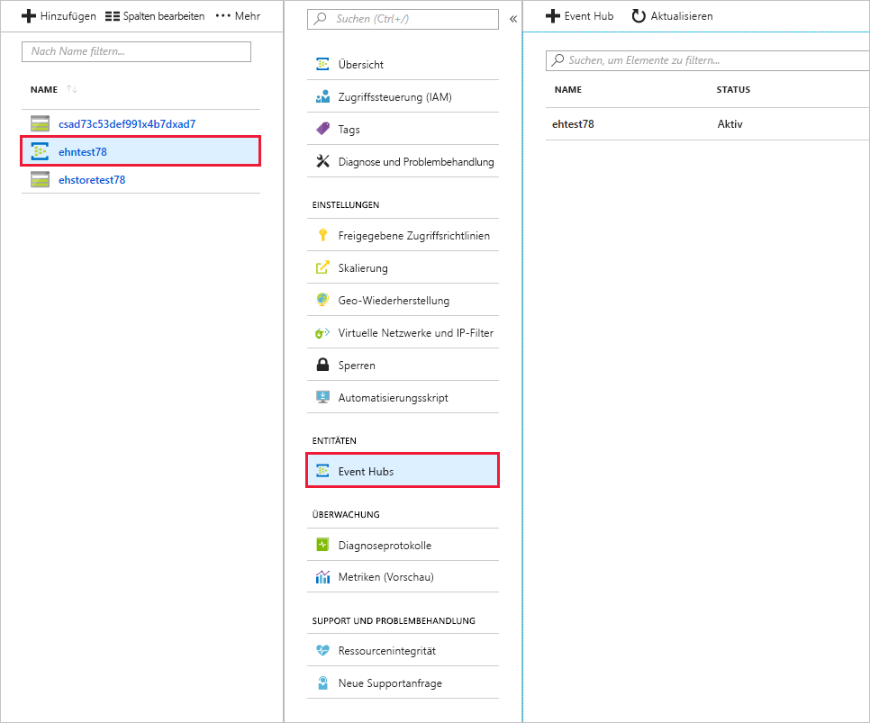 Event Hub, der im Azure-Portal angezeigt wird