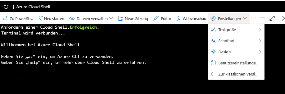 Screenshot des Menüelements zum Wechseln von Azure Cloud Shell in den klassischen Modus.