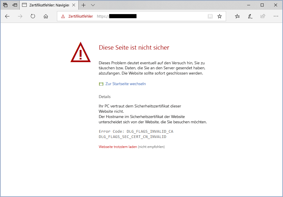 Screenshot of a warning about an unauthenticated server in Microsoft Edge.