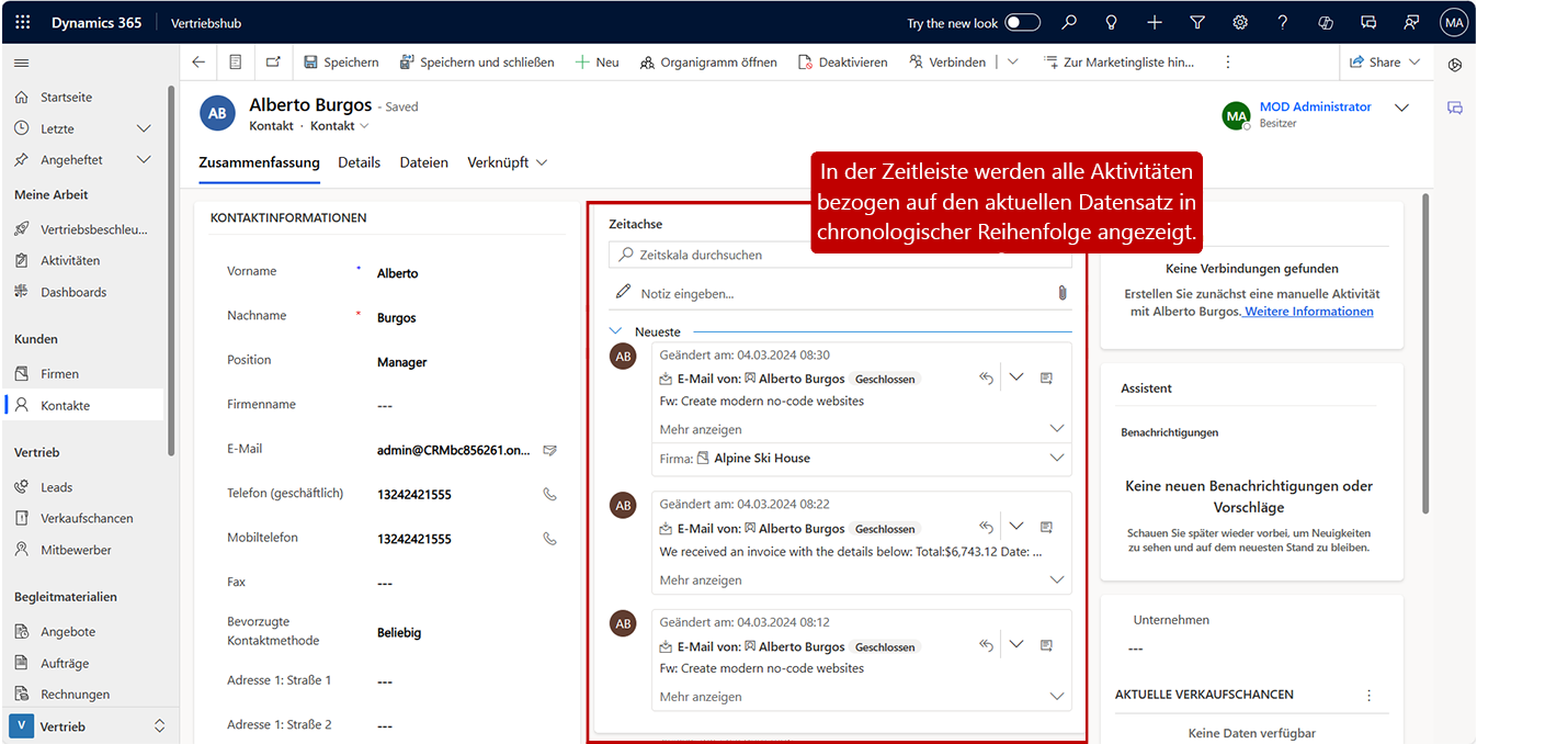 Screenshot des Zeitskalasteuerelements in einem Kontaktdatensatz