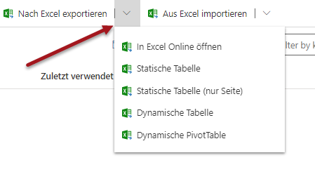 Screenshot von „Nach Excel Online exportieren“