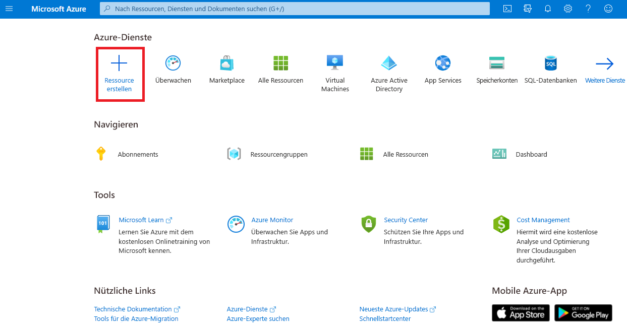 Screenshot: Menü des Azure-Portals und Option „Ressource erstellen“