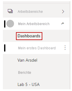 Screenshot des Menüs auf der linken Seite des Power BI-Diensts, in dem ein Dashboard angezeigt wird