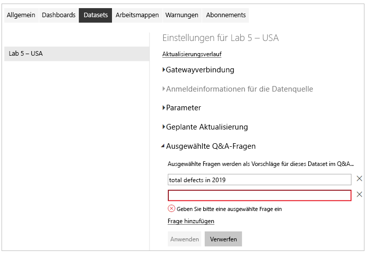 Screenshot der Datasetoption „Featured Q&A questions“ (Empfohlene Q&A-Fragen).