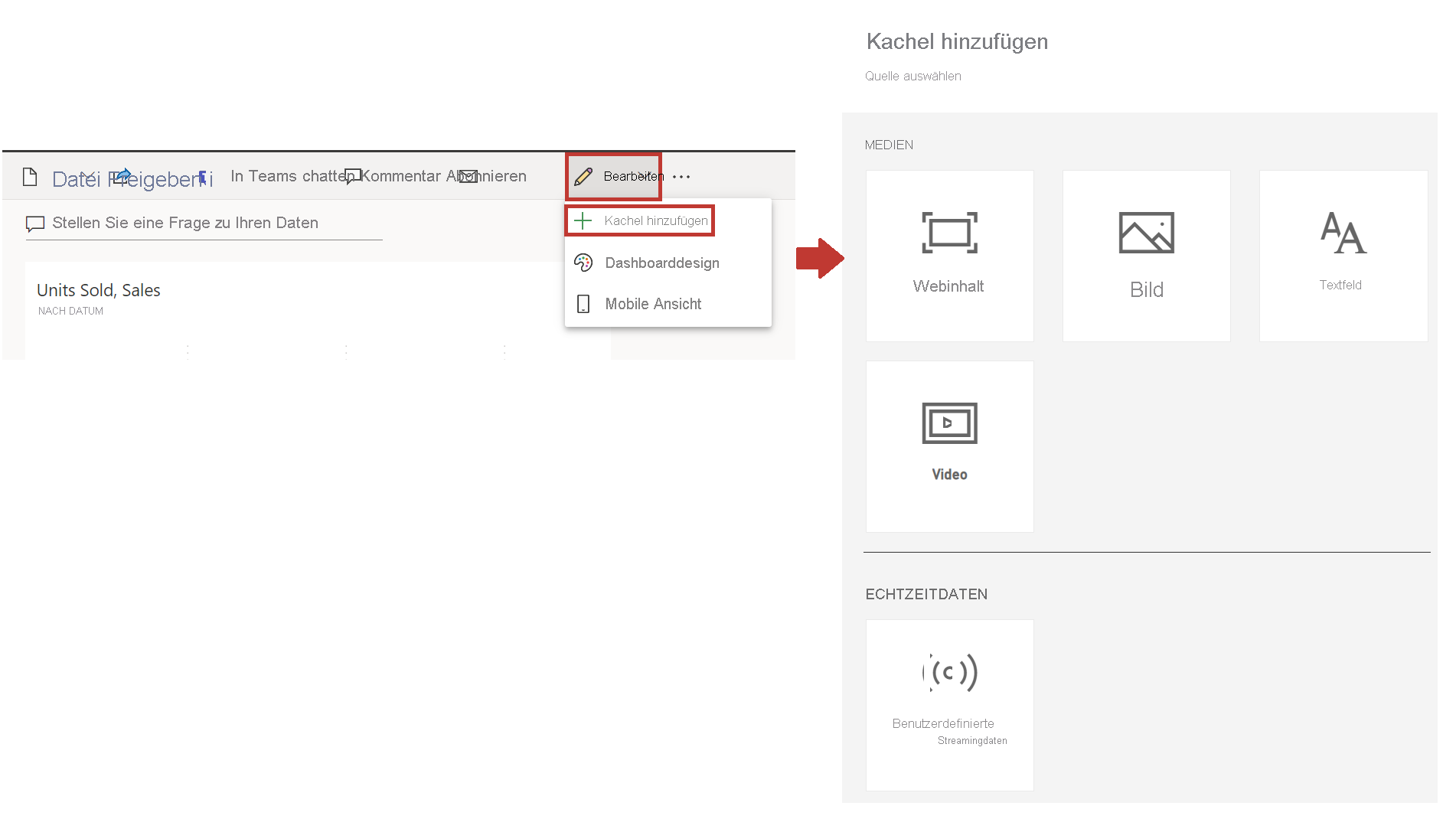 Screenshot der Option „Kachel hinzufügen“ und des Dialogfelds „Kachel hinzufügen“