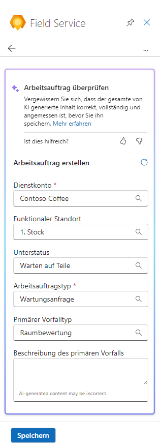 Screenshot des von Copilot im Field Service erstellten Arbeitsauftrags zur Überprüfung