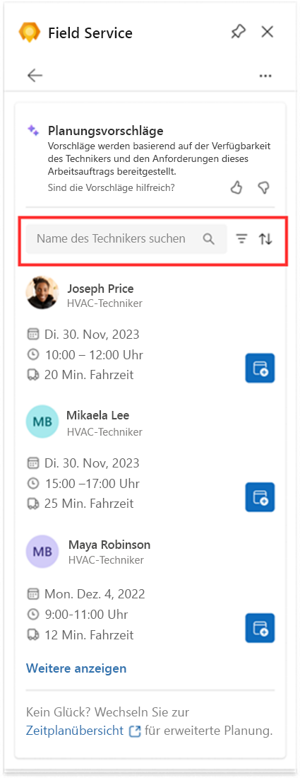 Screenshot des Bildschirms zur Planung eines Technikers für einen Arbeitsauftrag direkt aus Outlook