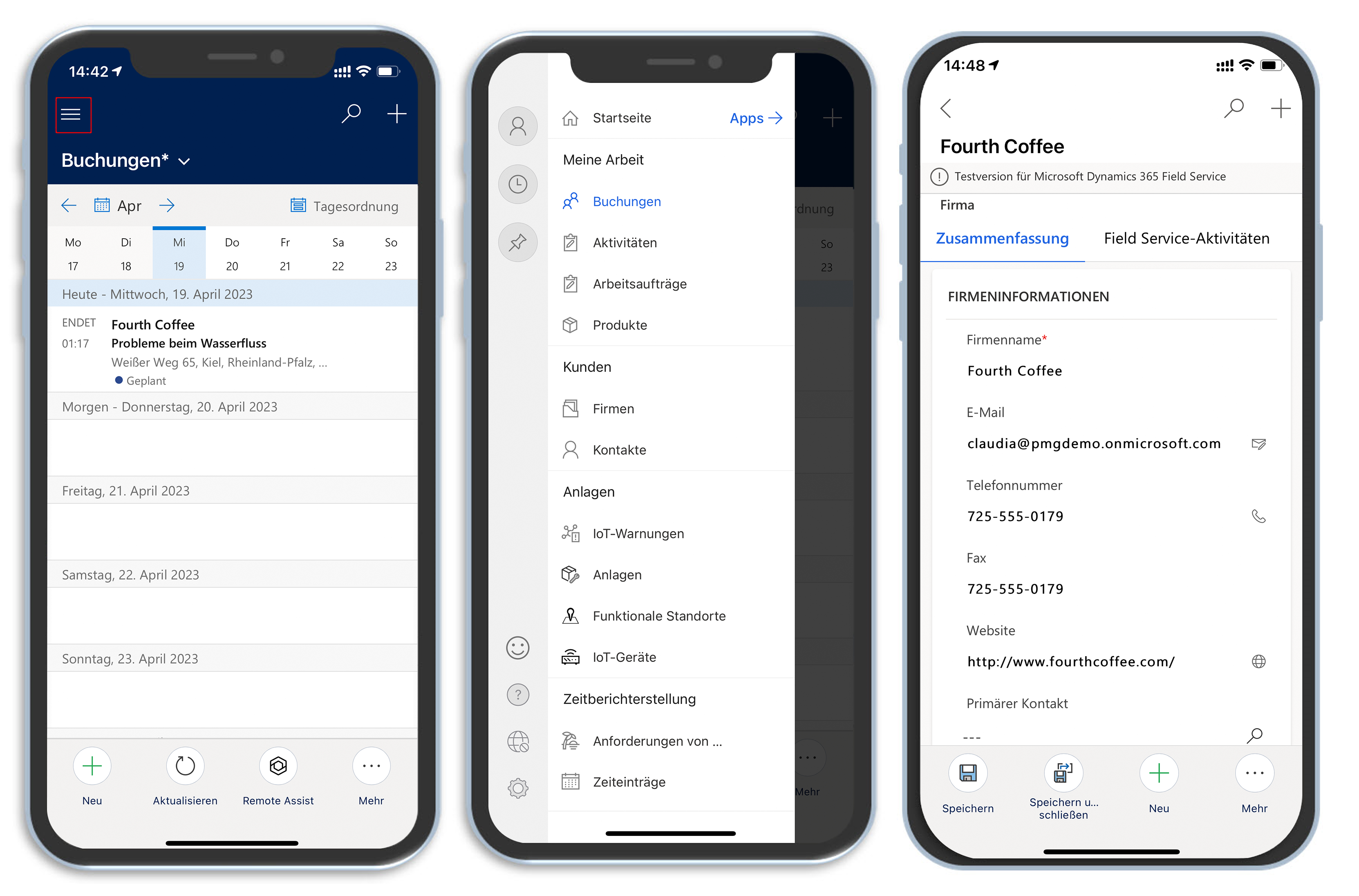 Screenshots mit den Bildschirmen „Buchungen“, „Meine Arbeit“ und „Konto“ in der mobilen Dynamics 365-App