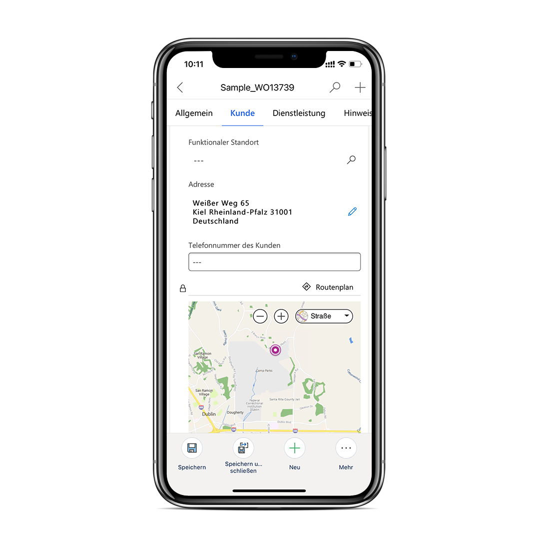 Screenshot von Standortinformationen in der mobilen Dynamics 365-App, mit Adresse und Karte