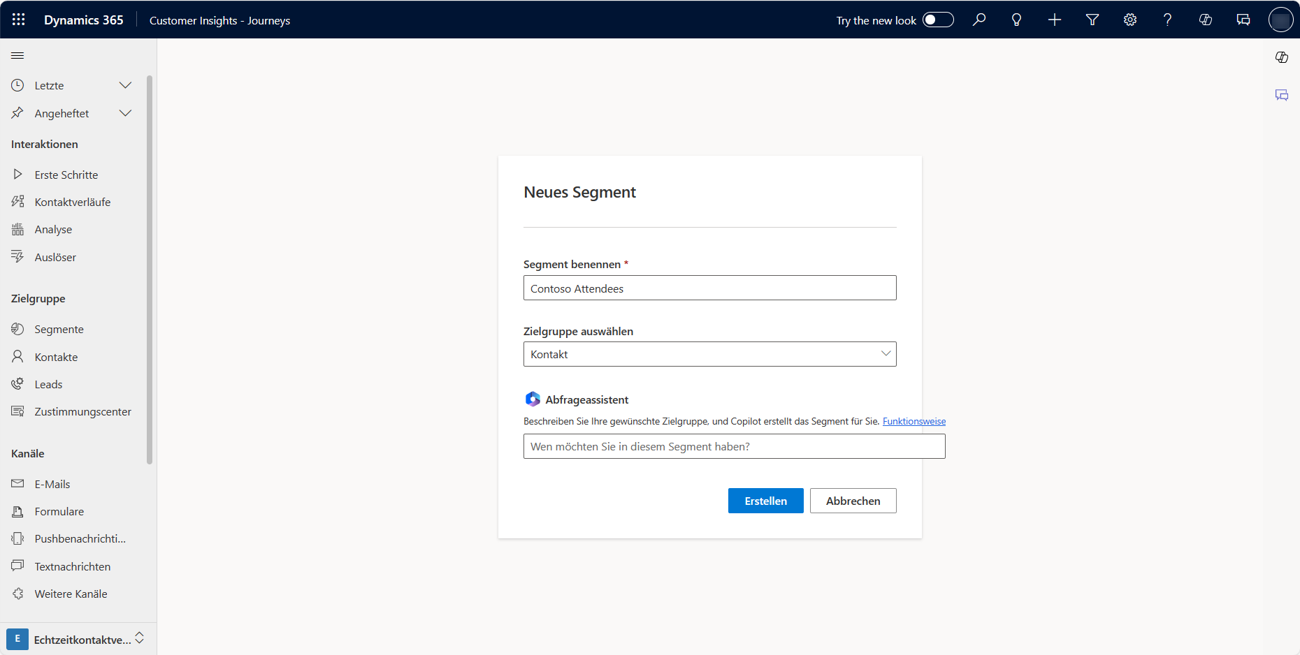 Screenshot des Erstellens eines Marketingsegments mit dem Copilot-Abfrageassistent