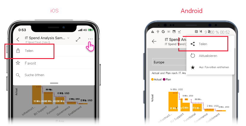 Screenshot: Option „Teilen“ in iOS und Android