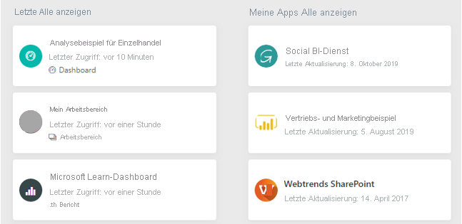 Screenshot: Zuletzt verwendete Inhalte auf der Startseite