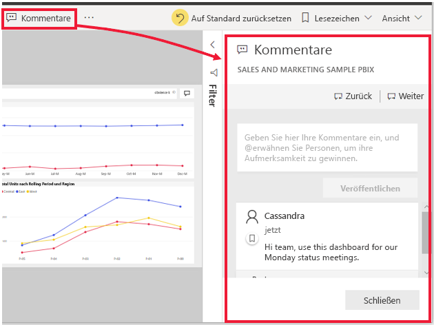 Screenshot eines freigegebenen Beispieldashboards mit einem Kommentar