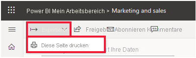 Screenshot: Power BI-Menü „Datei“ aufgeklappt und „Diese Seite drucken“ hervorgehoben
