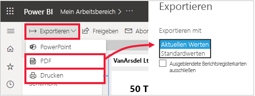 Screenshot: Power BI-Menü „Exportieren“ aufgeklappt und PDF-Option hervorgehoben