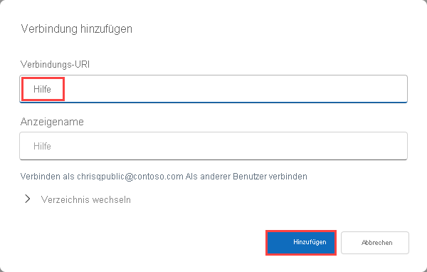 Screenshot: Hinzufügen des Clusters „help“ über die Azure Data Explorer-Webbenutzeroberfläche