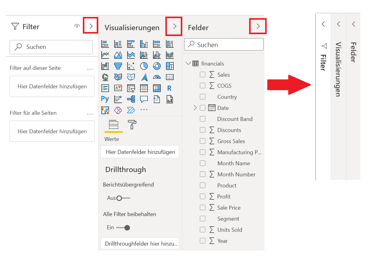 Sie können die Felder „Visualisierungen“ und „Felder“ reduzieren oder erweitern.