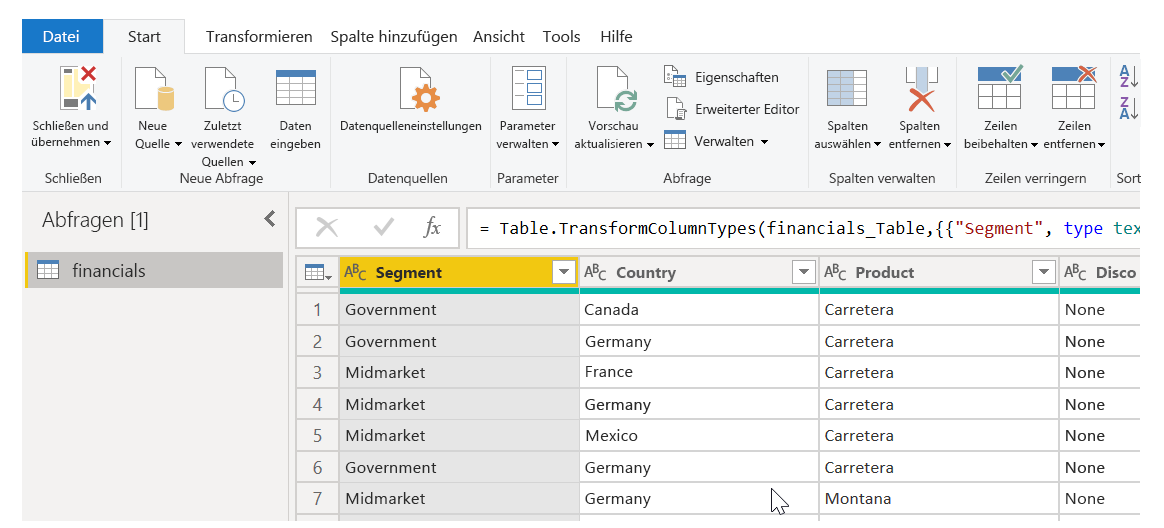 Screenshot der Tabellendaten im Bearbeitungsmodus