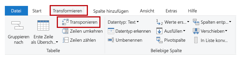 Screenshot der Schaltfläche „Transponieren“