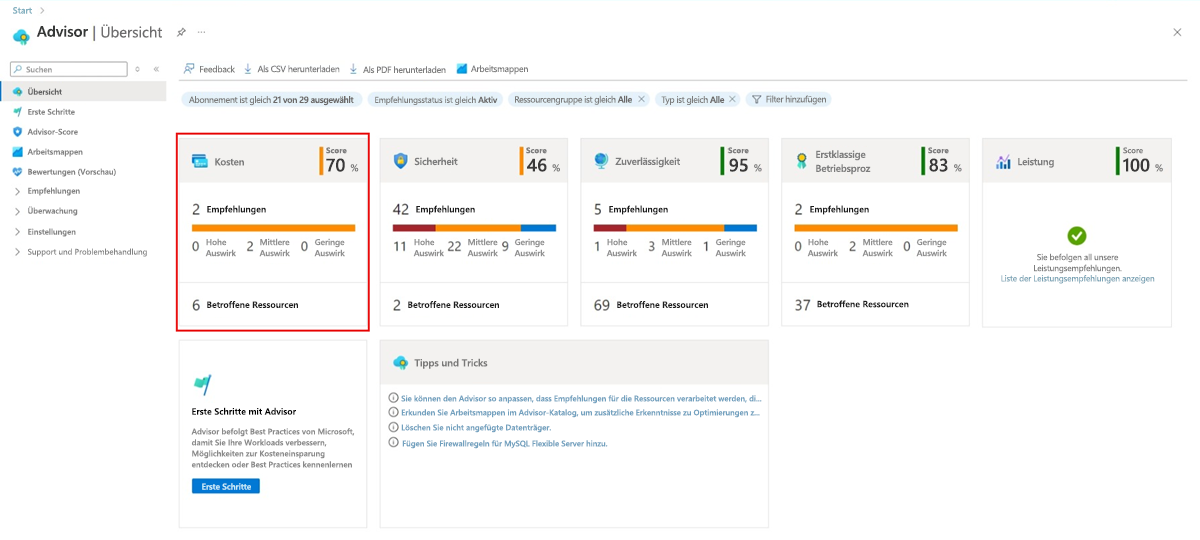 Screenshot: das Advisor-Dashboard mit fünf Empfehlungskacheln