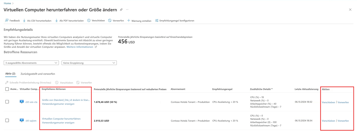 Screenshot zeigt eine empfohlenen Aktion in Azure Advisor.