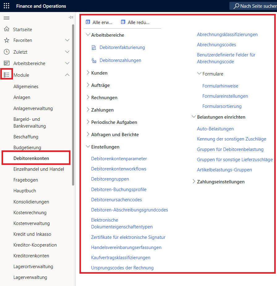 Screenshot des Navigationsbereichs mit ausgewähltem Debitorenkontenmodul