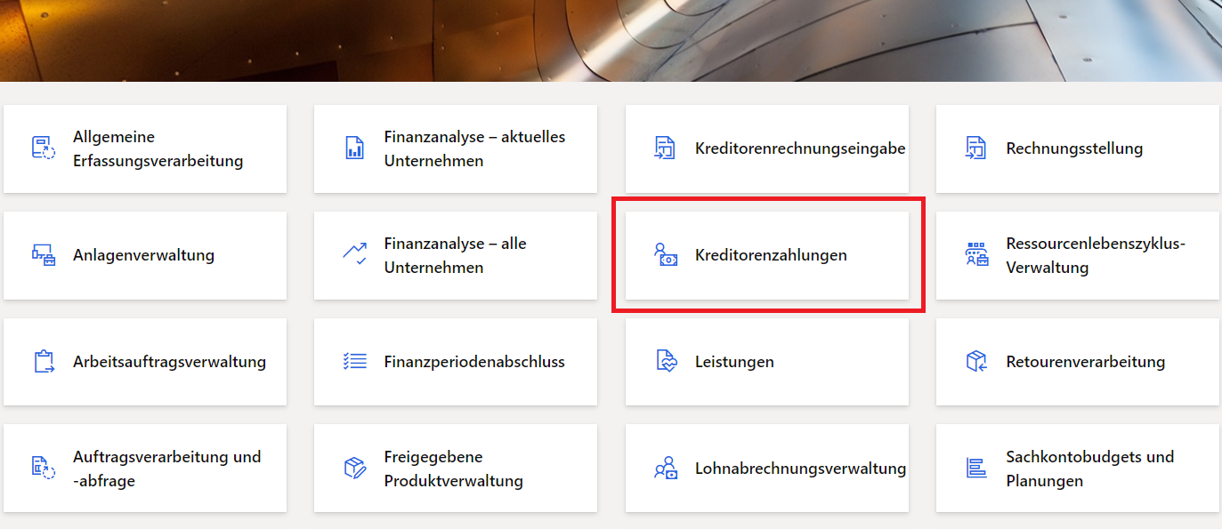 Screenshot der Startseite mit hervorgehobener Kachel „Debitorenzahlungen“.