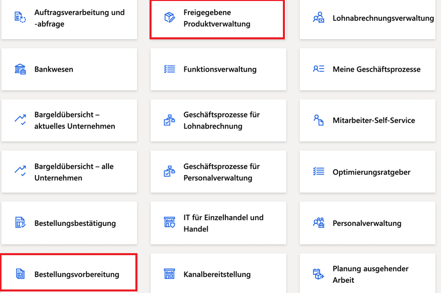 Screenshot der Homepage mit hervorgehobenen Kacheln für die Bestellungsvorbereitung und die Verwaltung freigegebener Produkte.