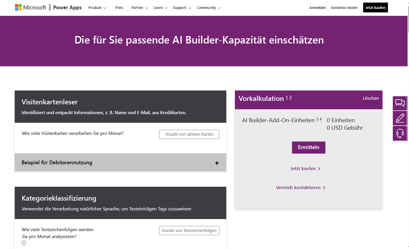 Screenshot der Seite „Power Apps AI Builder-Rechner“ mit einer Kachel mit Kostenvoranschlägen, mit der Sie die Kosten für AI Builder-Add-On-Einheiten berechnen können