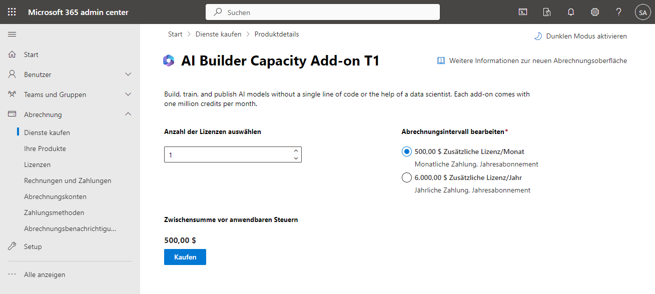 Screenshot des Admin Center-Portals auf der AI Builder-Kapazität-Add-On-Seite