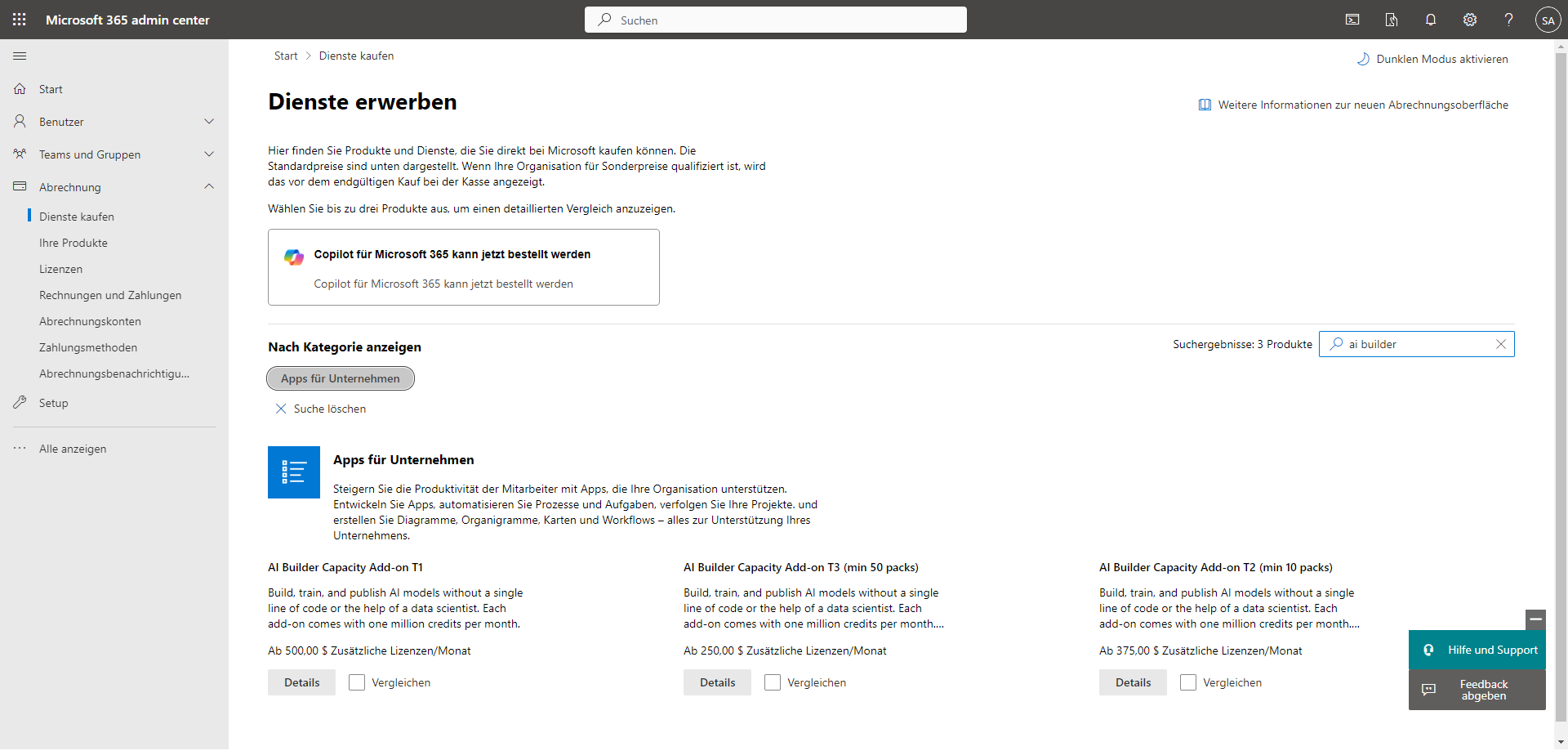 Screenshot des Microsoft 365 Admin Center, das auf der Seite „Dienste einkaufen“ auf der Registerkarte „Abrechnung“ geöffnet ist. Das AI Builder-Kapazitäts-Add-On wird unter „Andere Dienste“ angezeigt.