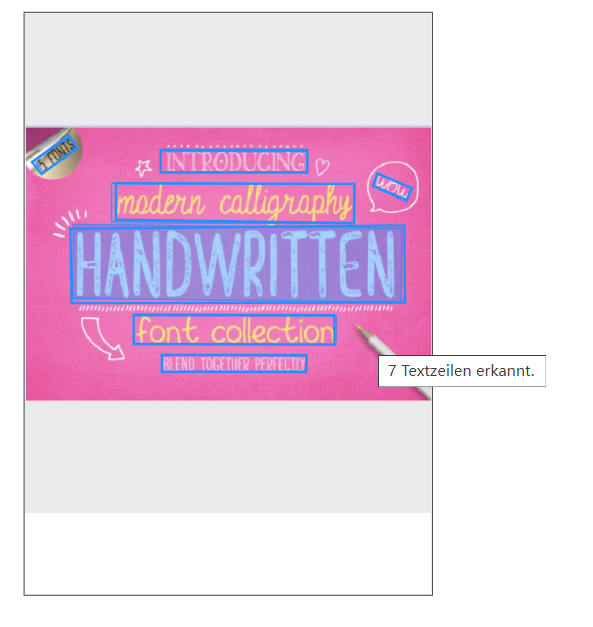 Screenshot eines Beispielbildes mit verschiedenen Textarten. 7 Textzeilen erkannt. Klicken oder tippen Sie, um ein Bild für die Texterkennung auszuwählen.