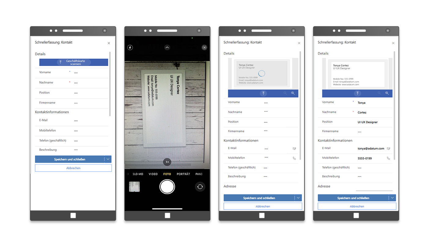 Mobile Screenshots des Visitenkartenscans mit „Schnellerfassung: Kontakt“