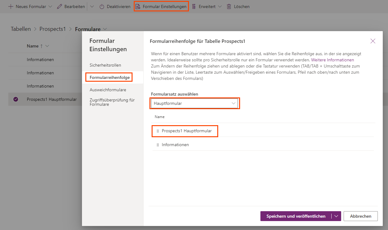 Screenshot der Formularauftragseinstellungen