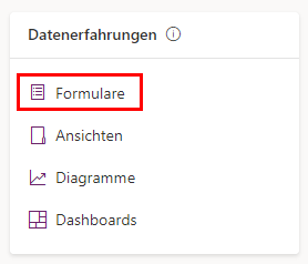 Screenshot einer Nahaufnahme des Bereichs „Datenerlebnisse“ mit hervorgehobenen Formularen