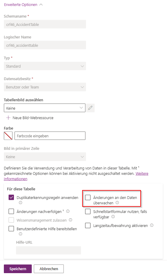 Screenshot des Bereichs „Tabelleneigenschaften bearbeiten“ mit erweiterten Optionen und hervorgehobenem Feld „Änderungen an den Daten überwachen”