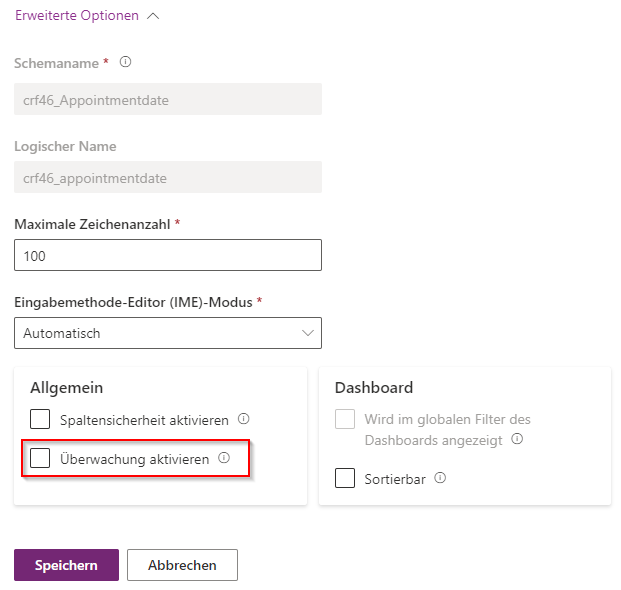 Screenshot des Bereichs „Erweiterte Optionen” „Spalte bearbeiten“ mit hervorgehobener Option „Überwachung aktivieren“