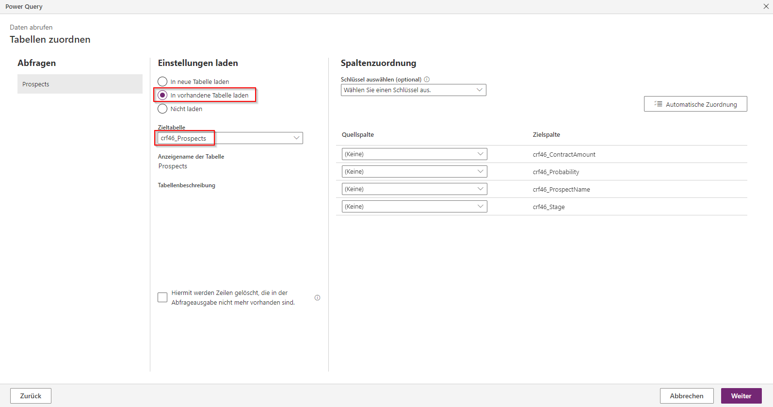 Screenshot des Power Query-Fensters mit Ladeeinstellungen und Spaltenzuordnung und der Auswahl „In vorhandene Tabelle laden“.