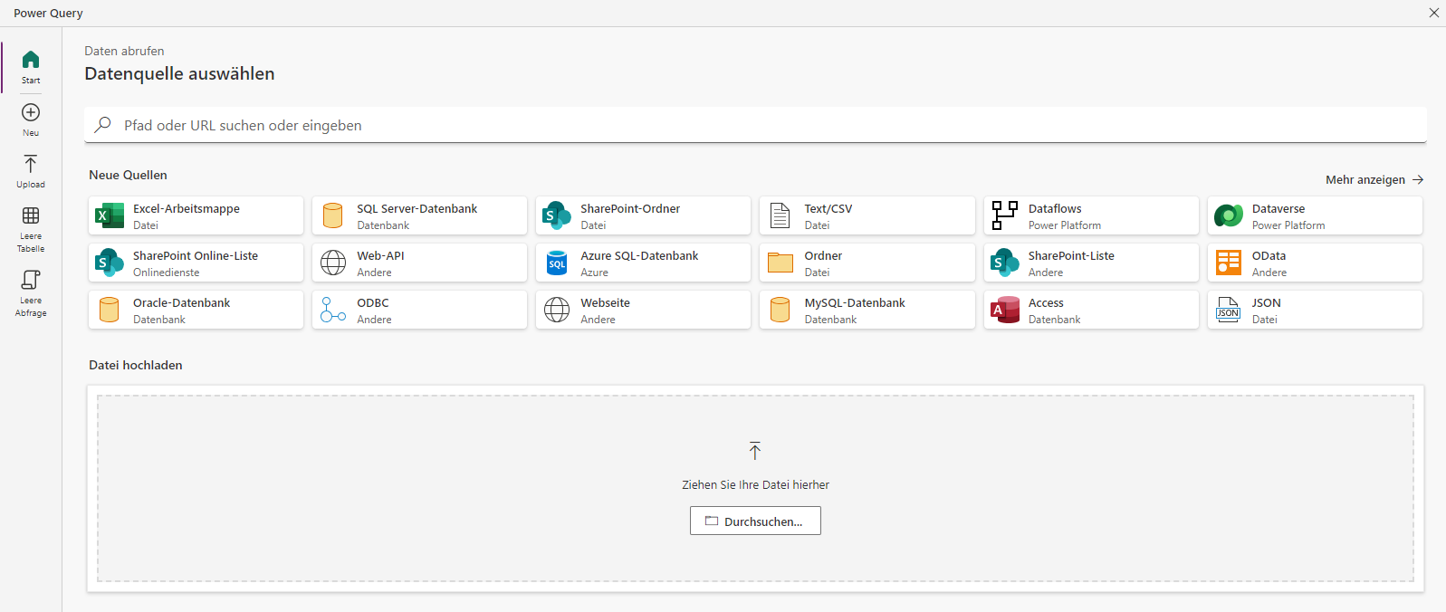 Screenshot des Power Query-Fensters „Datenquelle auswählen“ mit den verschiedenen Optionen zum Herstellen einer Verbindung zu Ihren Daten