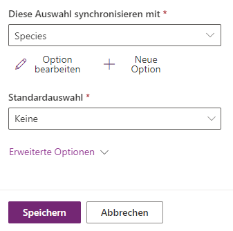 Screenshot der ausgewählten Optionen „Diese Auswahl synchronisieren mit“ und „Species“