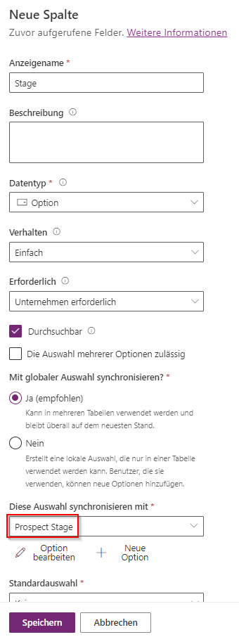 Screenshot der Dropdownliste, in der die Optionen „Diese Auswahl synchronisieren mit“ und „Prospect Stage“ hervorgehoben sind