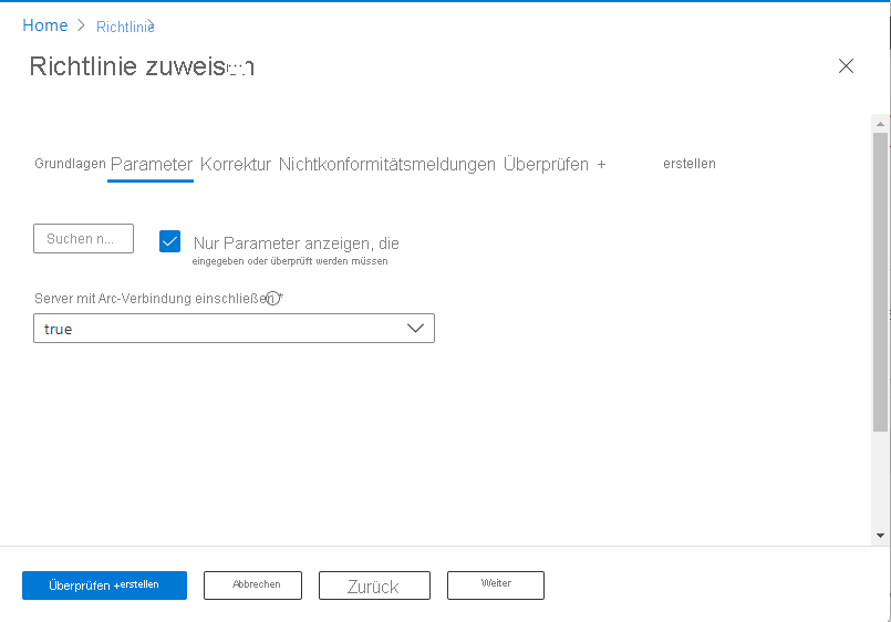 Screenshot: Azure Policy-Seite für die Parameterzuweisung