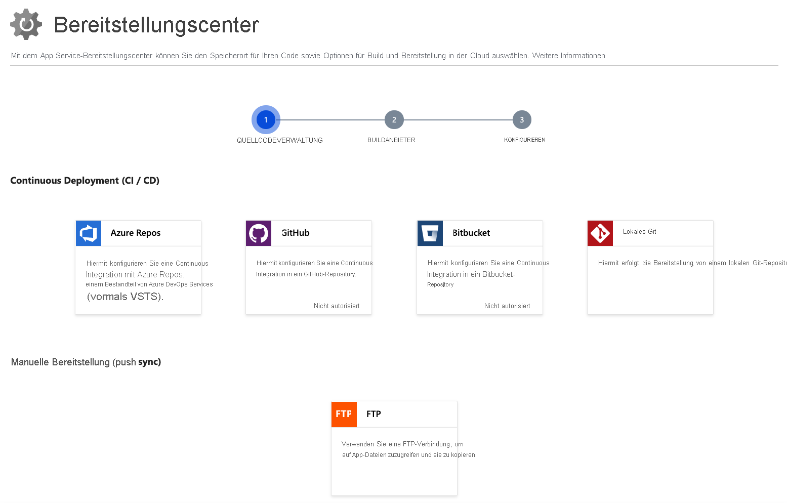 Screenshot der Einrichtung von Bereitstellungsoptionen und Auswählen der Quelle für den Bereitstellungsquellcode.