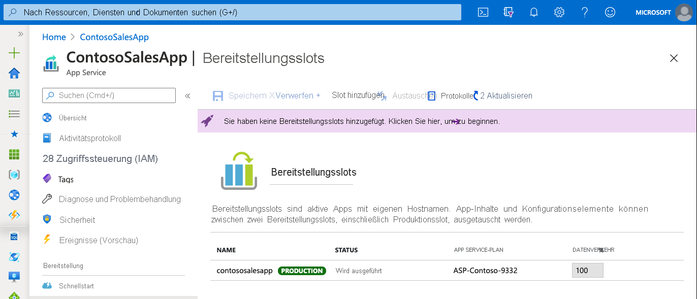 Screenshot: Staging-Bereitstellungsslot zum Testen der Bereitstellungen