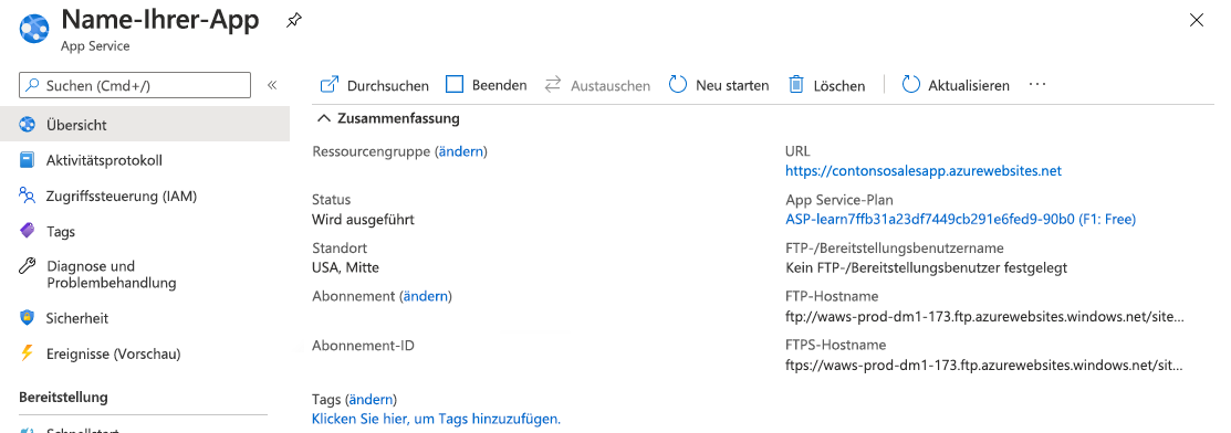 Screenshot der Seite „App Service“ mit hervorgehobenem URL-Link des Abschnitts „Übersicht“.