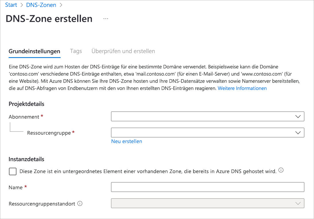 Screenshot: Seite „DNS-Zone erstellen“