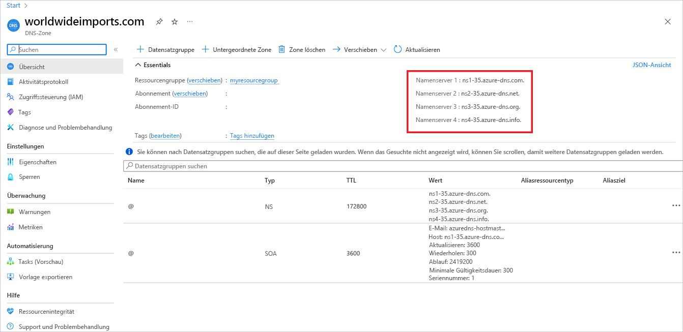 Screenshot: Namenserverdetails auf der Seite für die DNS-Zone