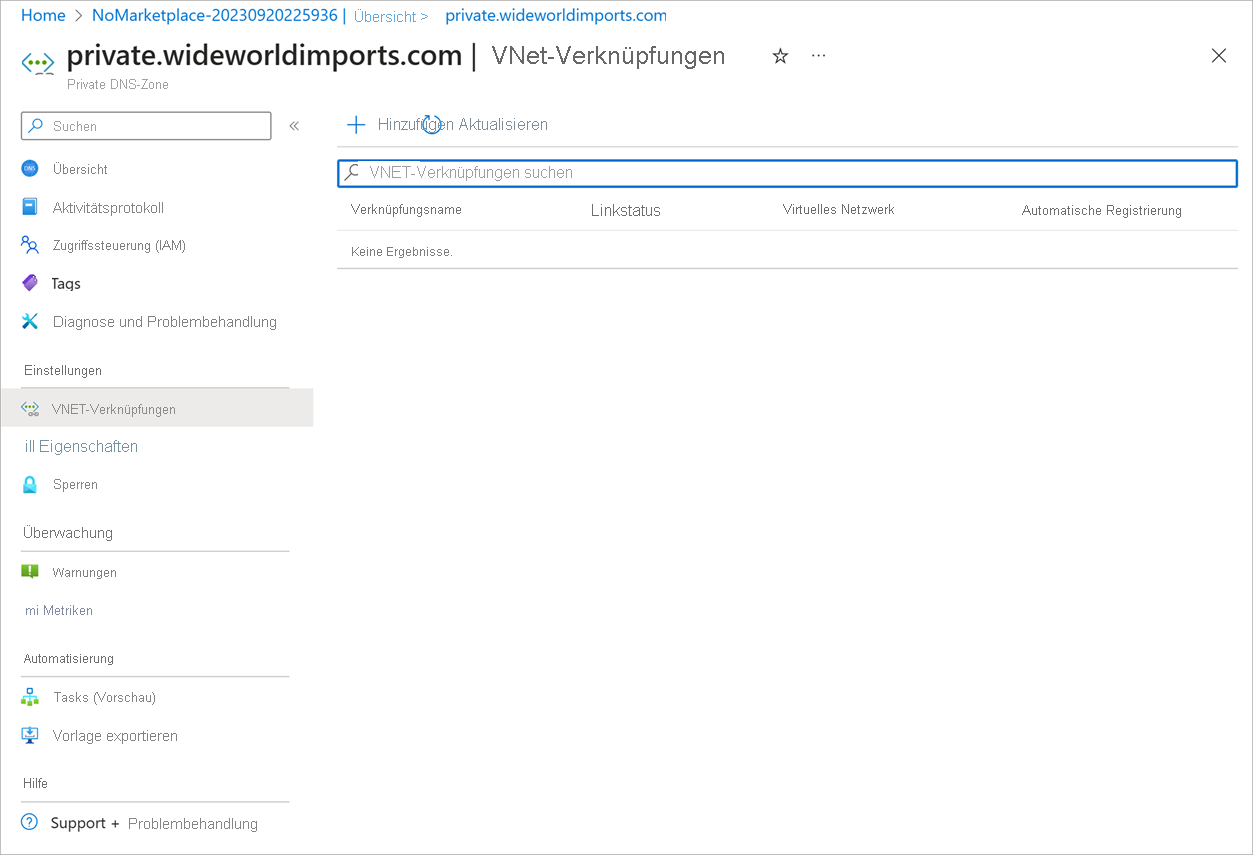 Screenshot der Seite „Virtual Network-Links“ in einer privaten DNS-Zone.