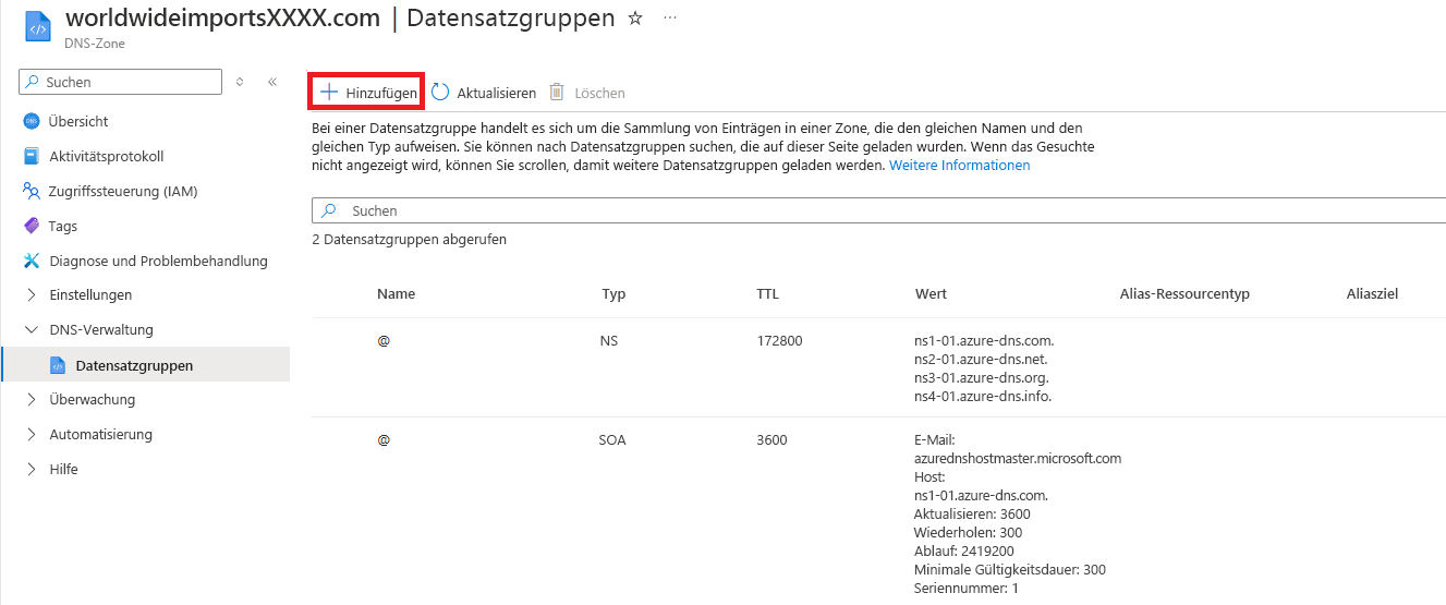 Screenshot: Hinzufügen eines Ressourceneintragssatzes